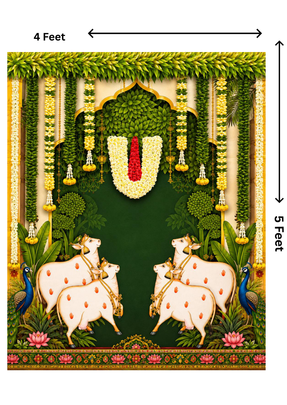 4 x 5 Feet Tirupati Tilak Cow & Peacock Backdrop – Traditional Indian Devotional Background with Sacred Cows, Peacocks, Floral Garlands, Lotus Flowers & Green Temple Decor