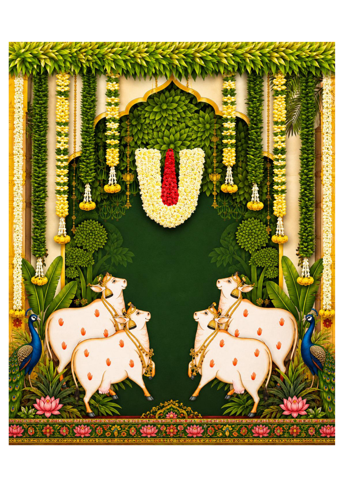 4 x 5 Feet Tirupati Tilak Cow & Peacock Backdrop – Traditional Indian Devotional Background with Sacred Cows, Peacocks, Floral Garlands, Lotus Flowers & Green Temple Decor