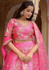 Elegant Pink Slub Silk Lehenga Choli with Zari, Dori & Sequins Embroidery