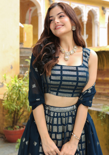 Dark Blue Georgette Lehenga Choli with Sequins & Thread Embroidery – Semi-Stitched with Soft Net Dupatta