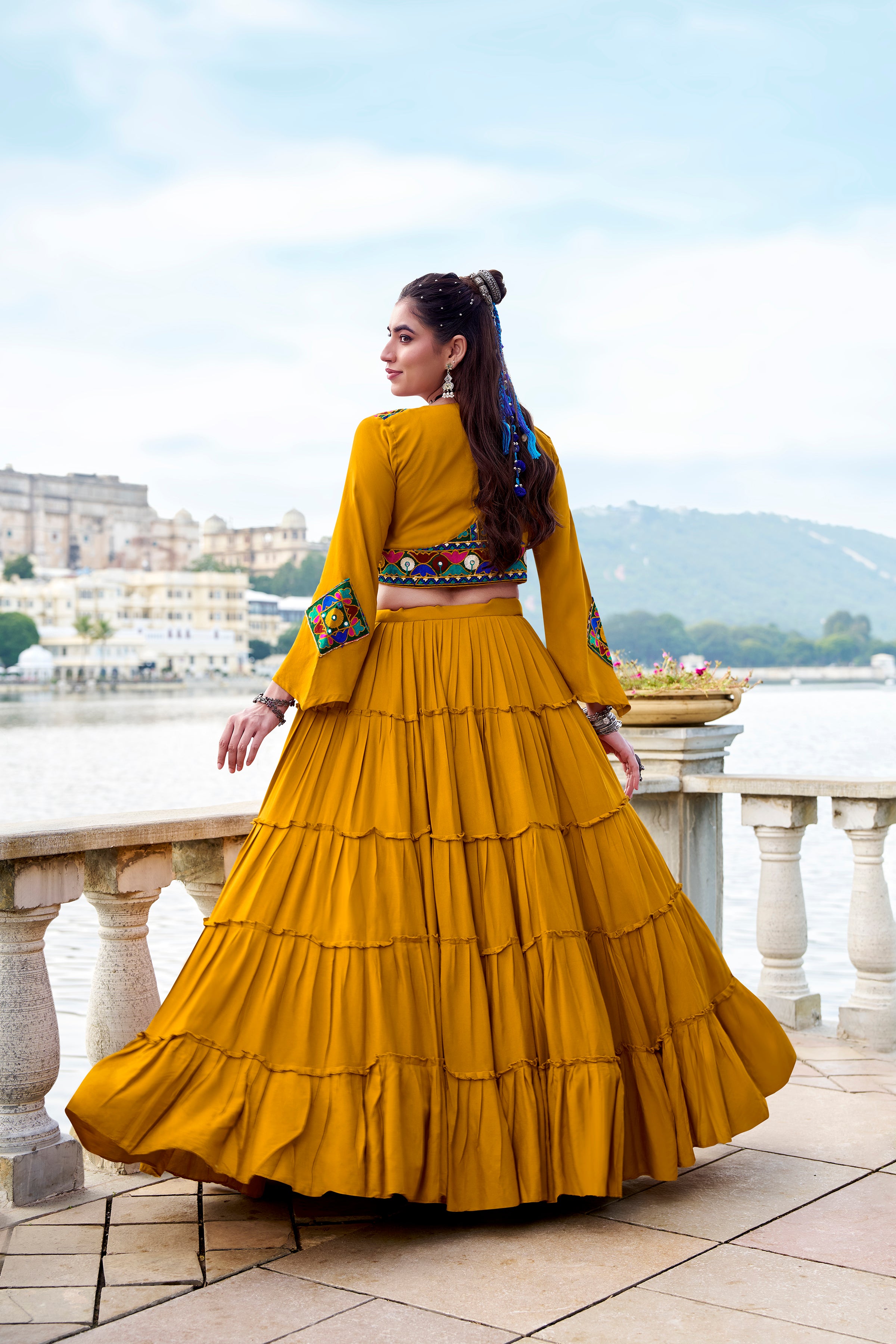 Navratri 2025 Pure Rayon Mustard Lehenga Choli with Mirror Gamthi Work & Koti