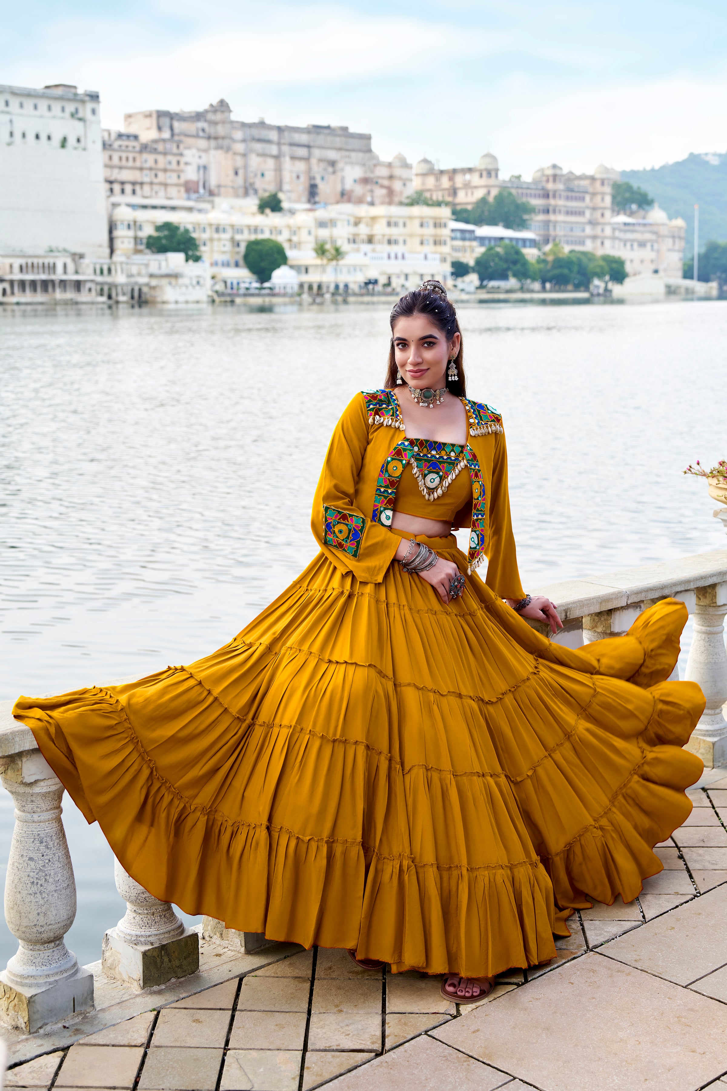 Navratri 2025 Pure Rayon Mustard Lehenga Choli with Mirror Gamthi Work & Koti