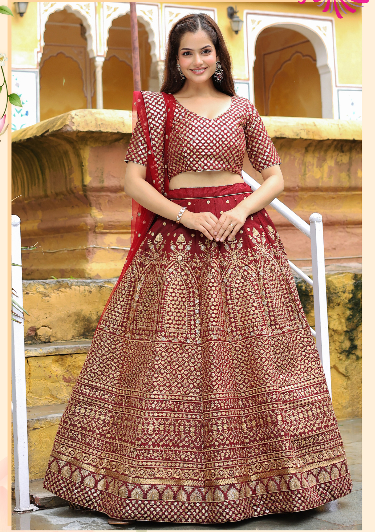 Maroon Raw Silk Lehenga Choli with Zari & Sequins Embroidery Work