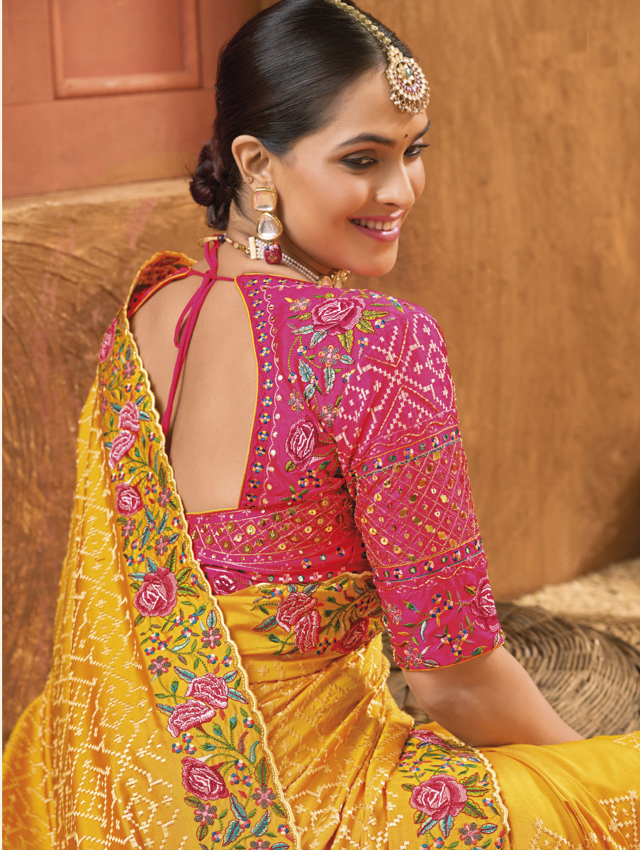 Elegant Embroidery: The Kachi Work Saree Collection | Yellow Color