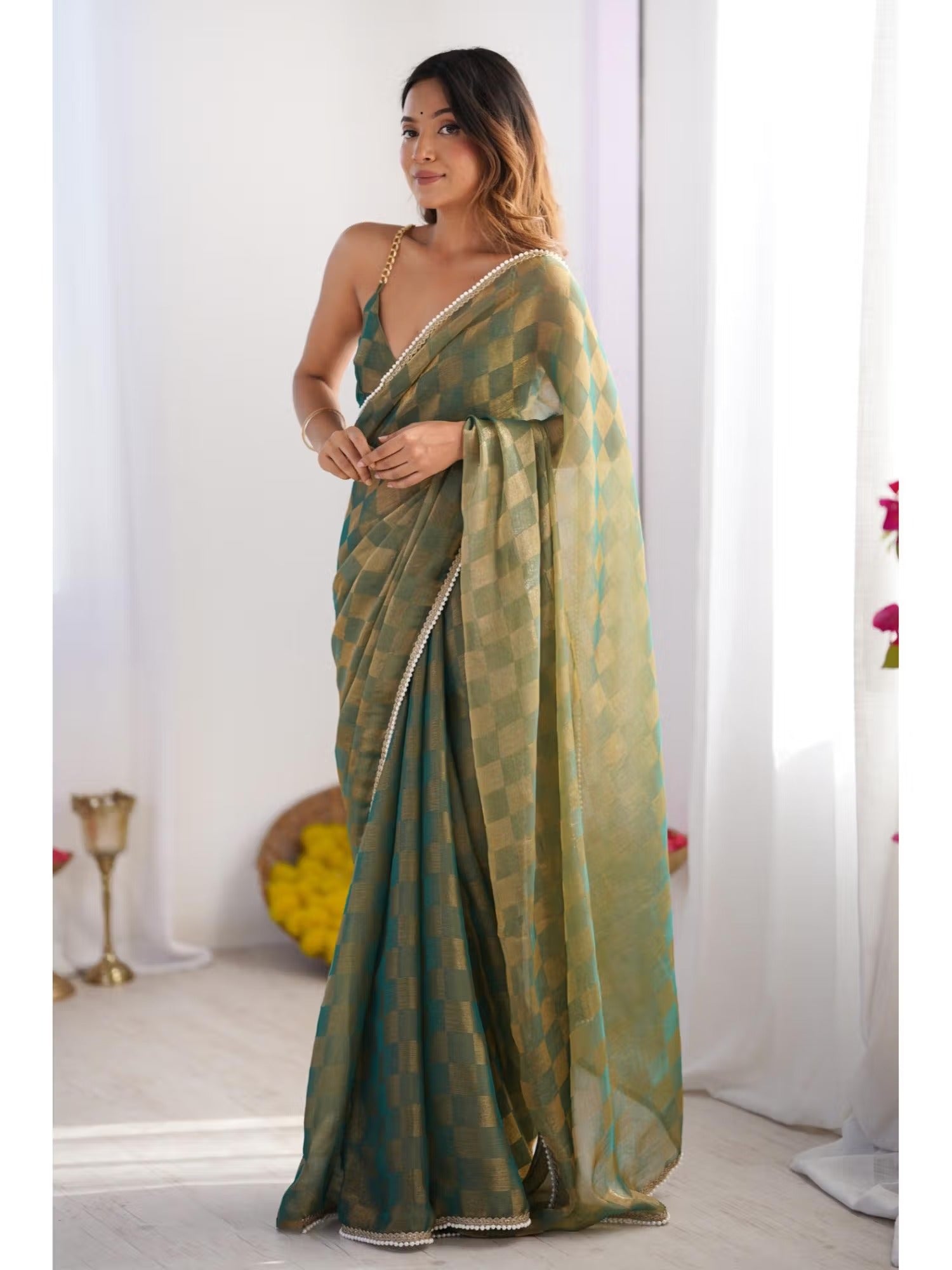 NC Box Chiffon Saree with Moti Lace Border – Elegant Party Wear