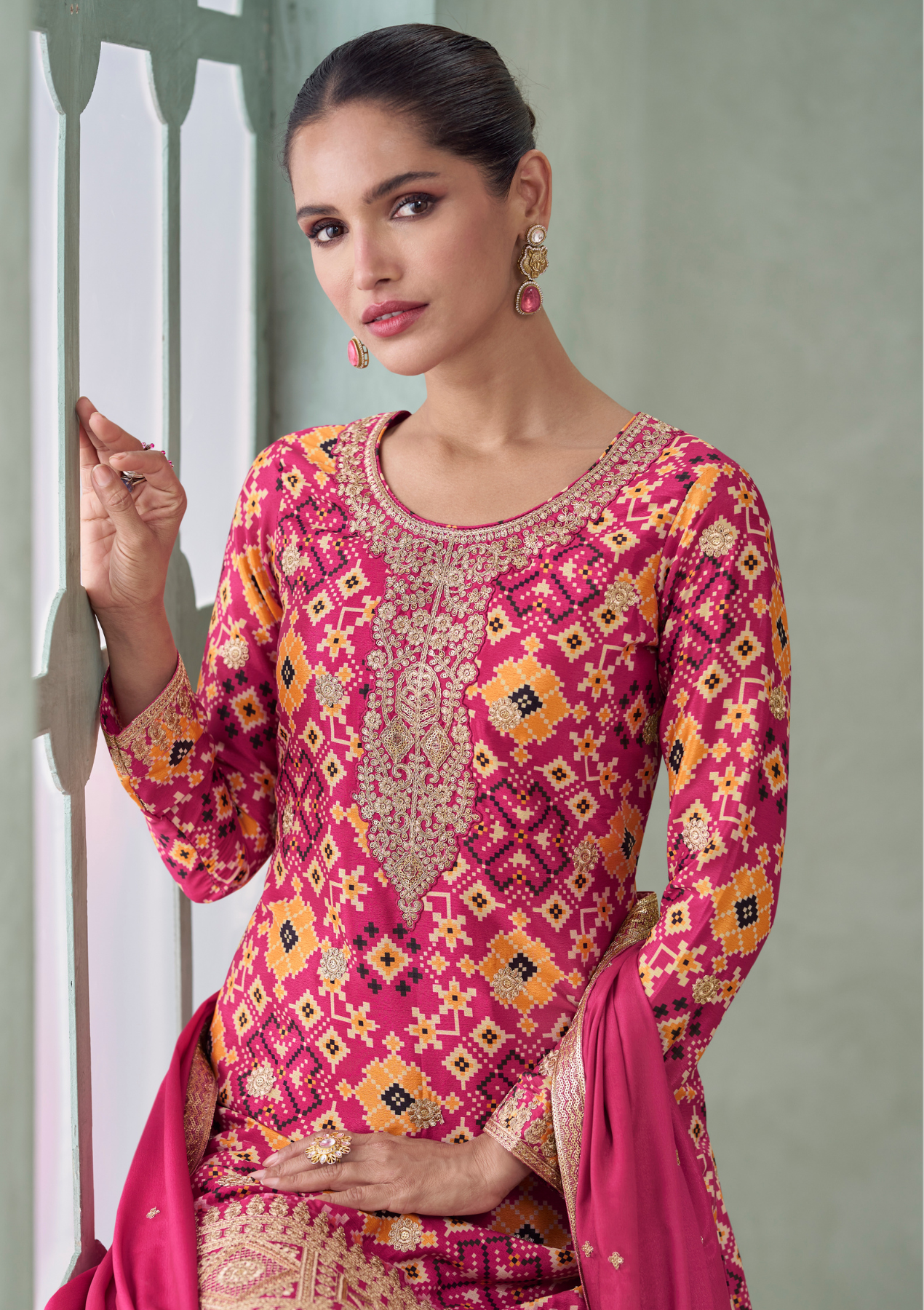Premium Pink Color Chinnon Silk Salwar Suit with Plazzo & Dupatta – Free Size Stitched Designer Suit