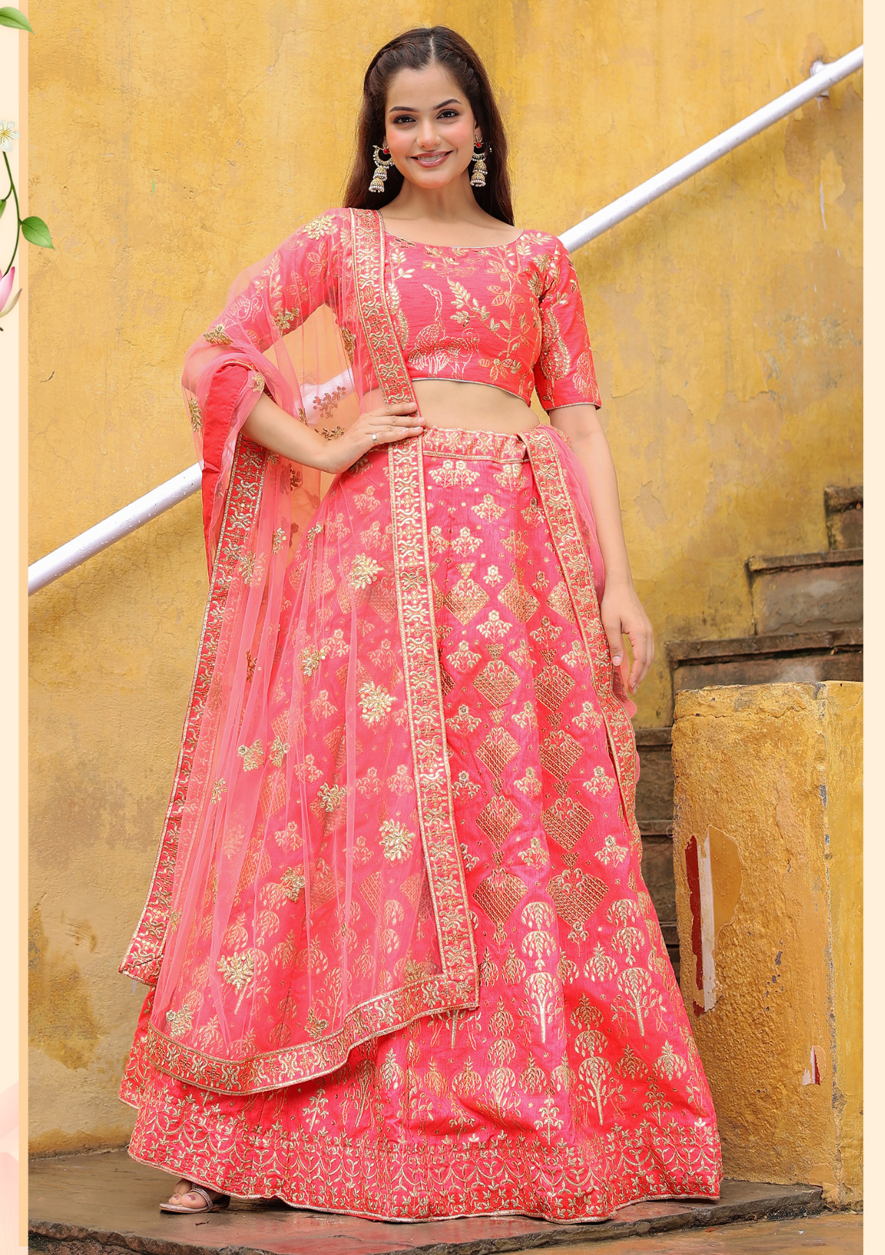 Peach Slub Silk Lehenga Choli with Sequins & Zari Embroidery – Semi-Stitched with Net Dupatta