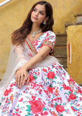 White-Red Art Silk Floral Embroidered Lehenga Choli with Dupatta