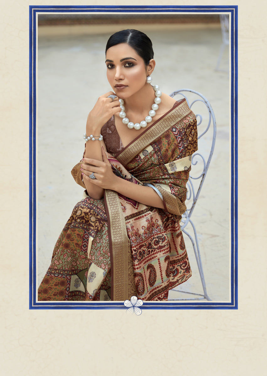 Printed Linen Kalamkari Sarees | Brown Color