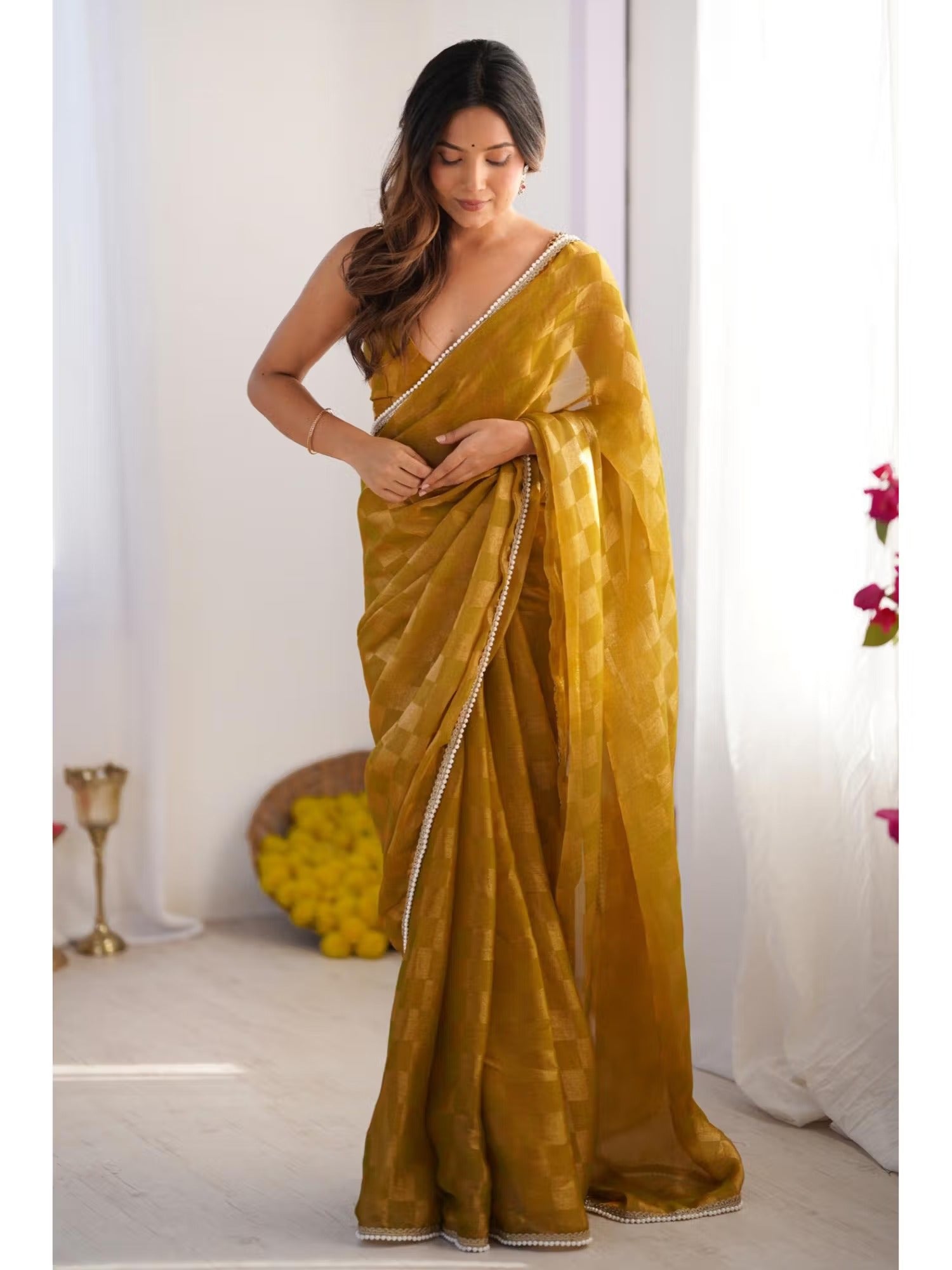 NC Box Chiffon Saree with Moti Lace Border – Elegant Party Wear