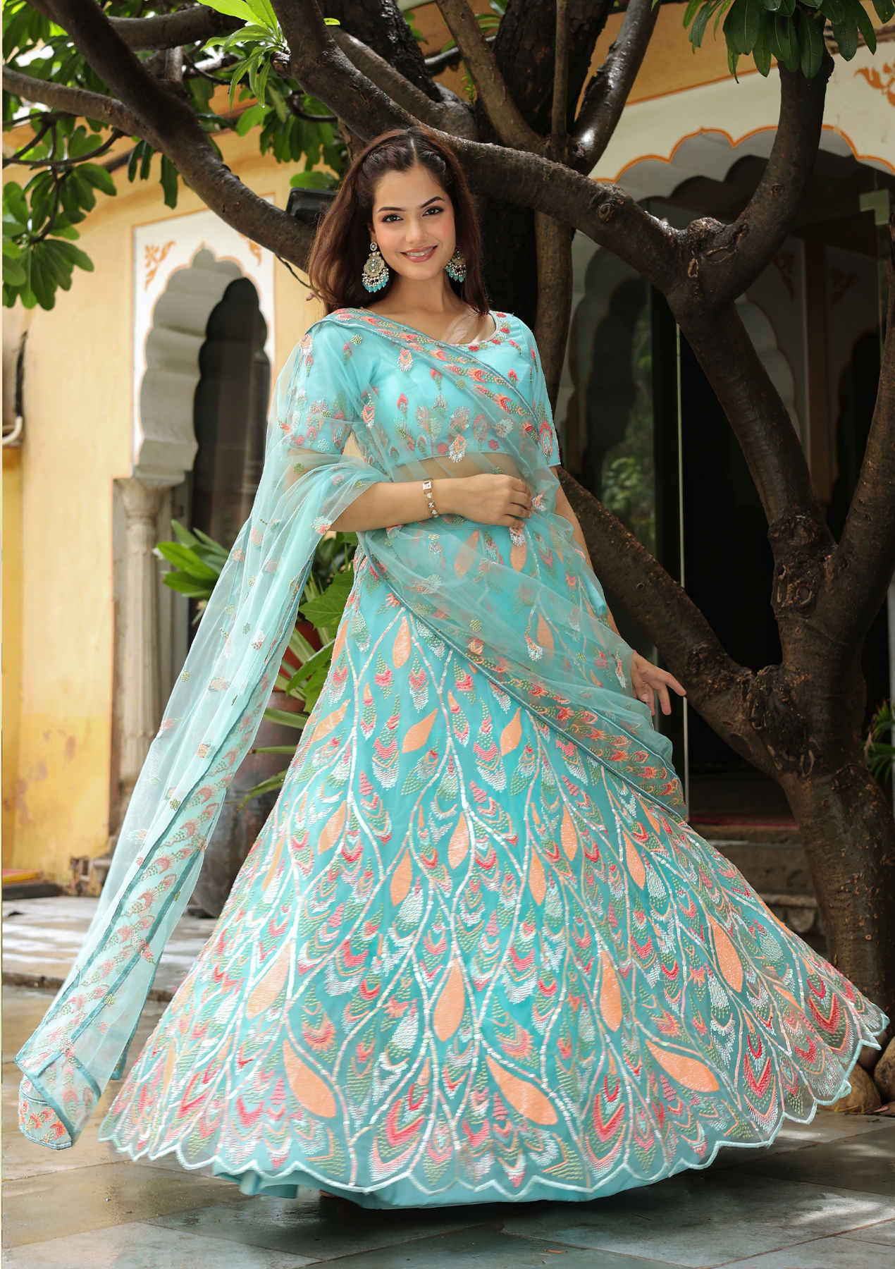 Sky Blue Soft Net Lehenga Choli with Sequins & Thread Embroidery – Semi-Stitched with Dupatta