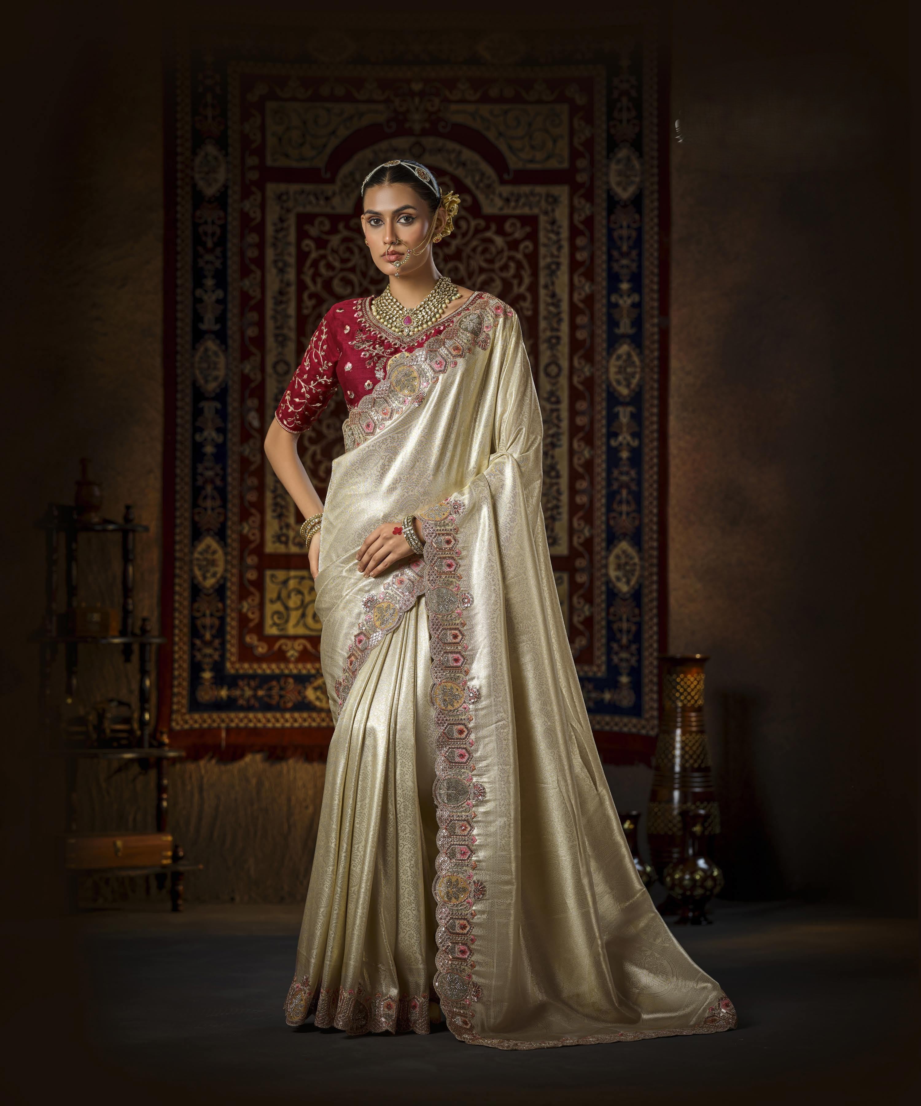 Woman in a traditional saree with intricate patterns against a decorative wall.