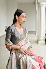 Soft Pure Satin Silk Saree with Hand Painted Floral Print & Zari Border