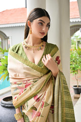 Soft Pure Satin Silk Green Saree with Hand Painted Floral Print & Zari Border