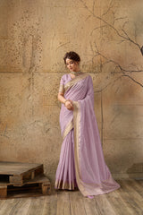 Lavender Soft Organza Silk Saree with Gold Zari Border | Designer Party Wear Indian Saree for Women