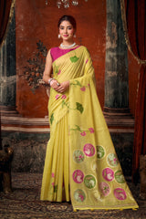Gobuni Sridevi Khadi Cotton Saree with Natural Texture & Jhallar | Multi Colour Printed Cotton Saree