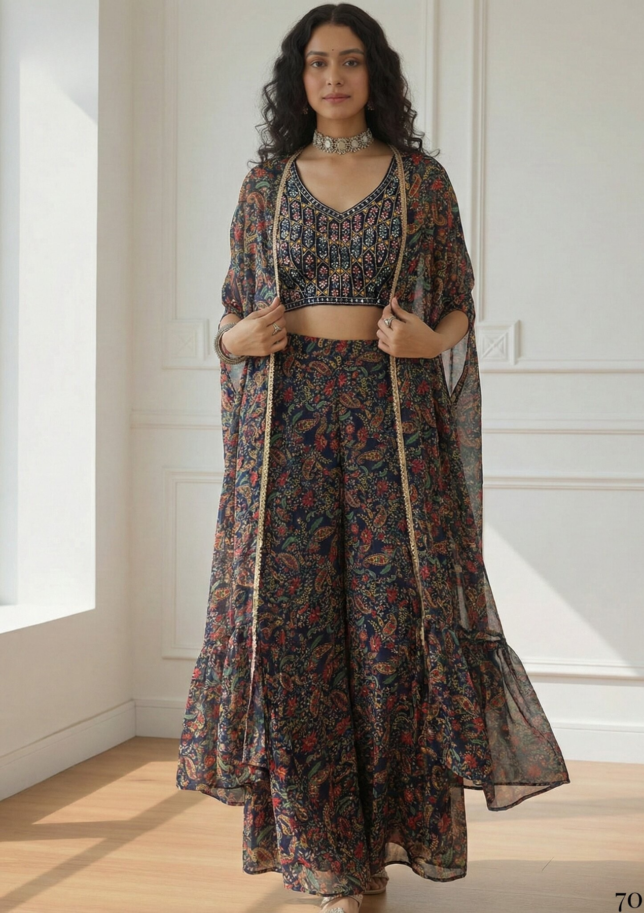 Georgette Blouse Sharara & Cape Set with Santoon Inner – Indo Western Designer Wear