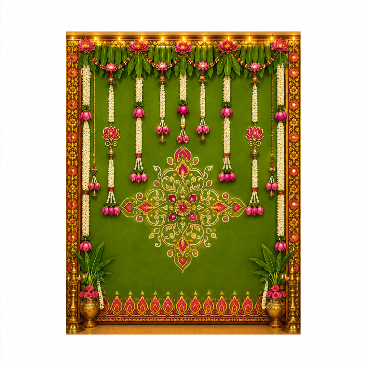 Traditional Indian Green Floral Mandap Backdrop – Lotus & Jasmine Garland Decoration with Hanging Bells, Diya Border & Rangoli Design for Pooja, Wedding and Festive Decor
