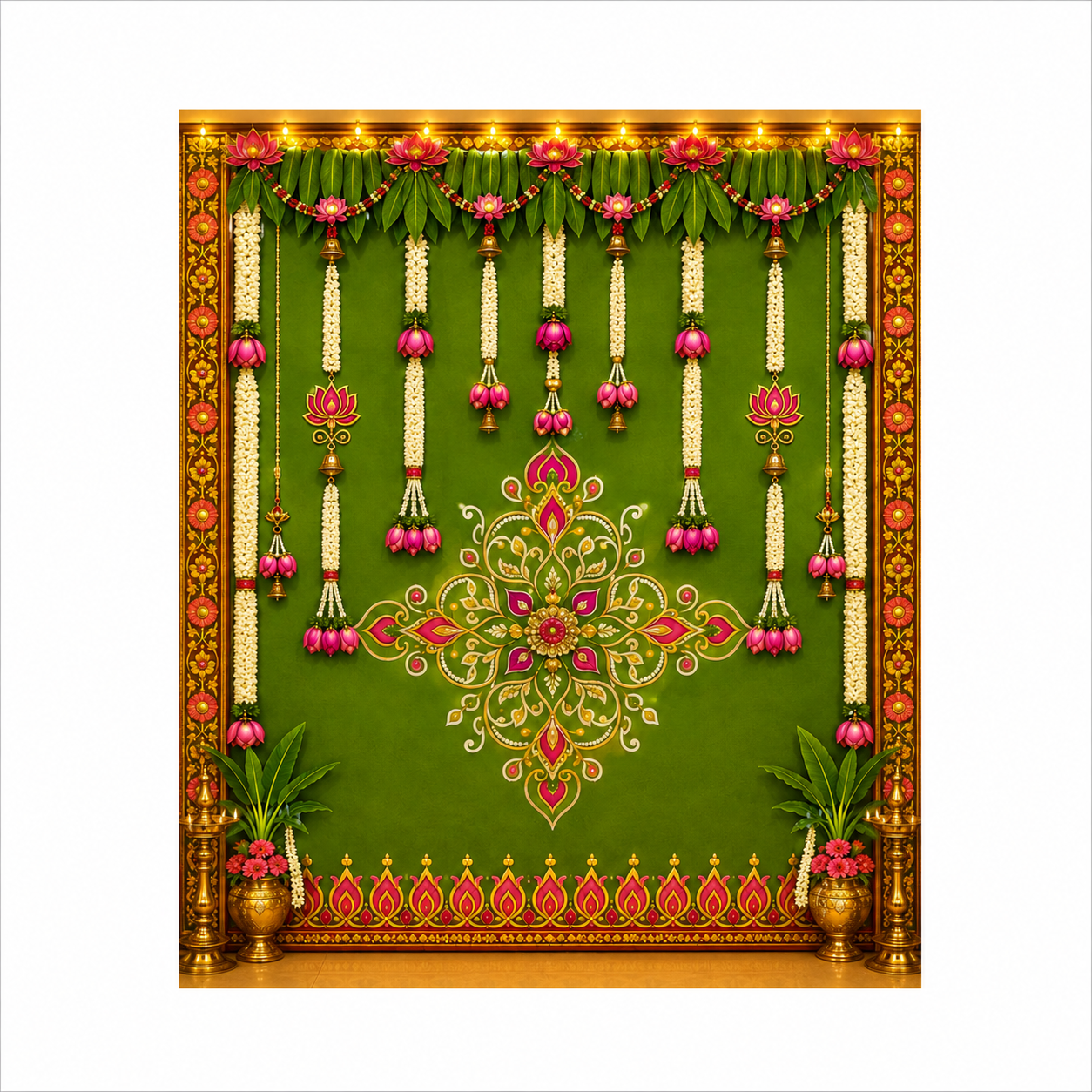 Traditional Indian Green Floral Mandap Backdrop – Lotus & Jasmine Garland Decoration with Hanging Bells, Diya Border & Rangoli Design for Pooja, Wedding and Festive Decor