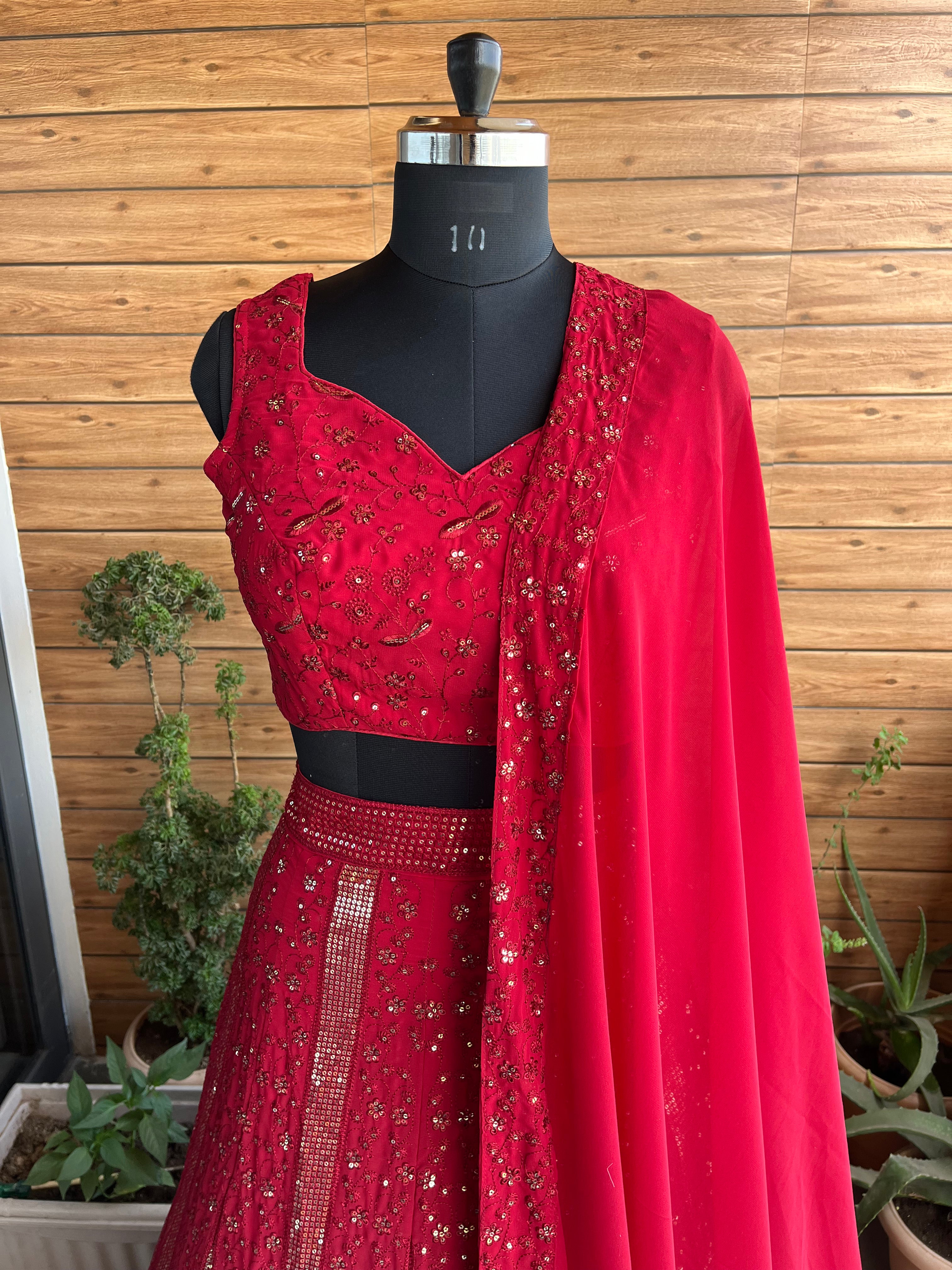 Faux Georgette Red Lehenga Choli Set with Sequence Thread Work |Party, Engagement, Wedding Wear