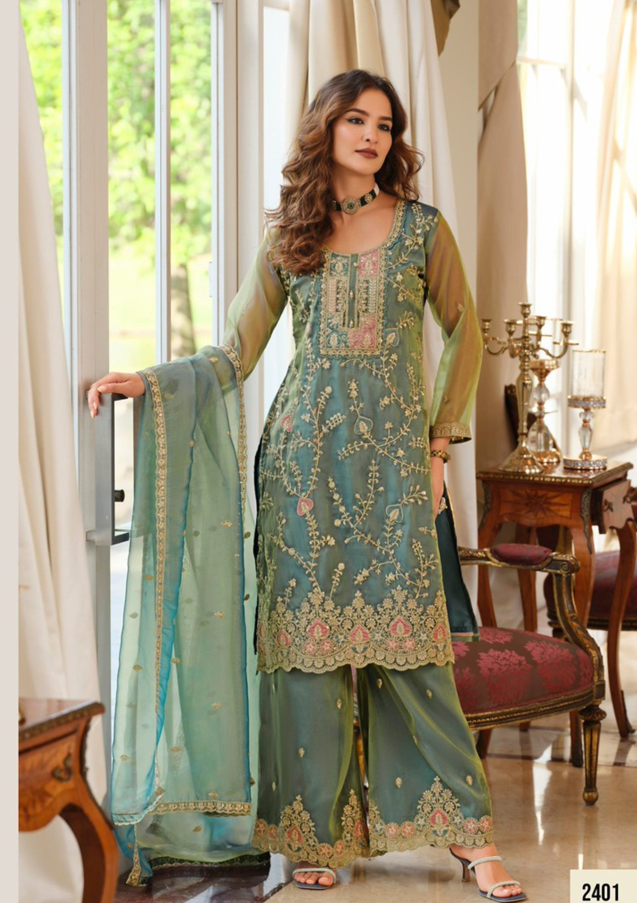 Elegant Simmer Rama Green Embroidered Salwar Suit with Palazzo & Dupatta – Sizes M to 3XL
