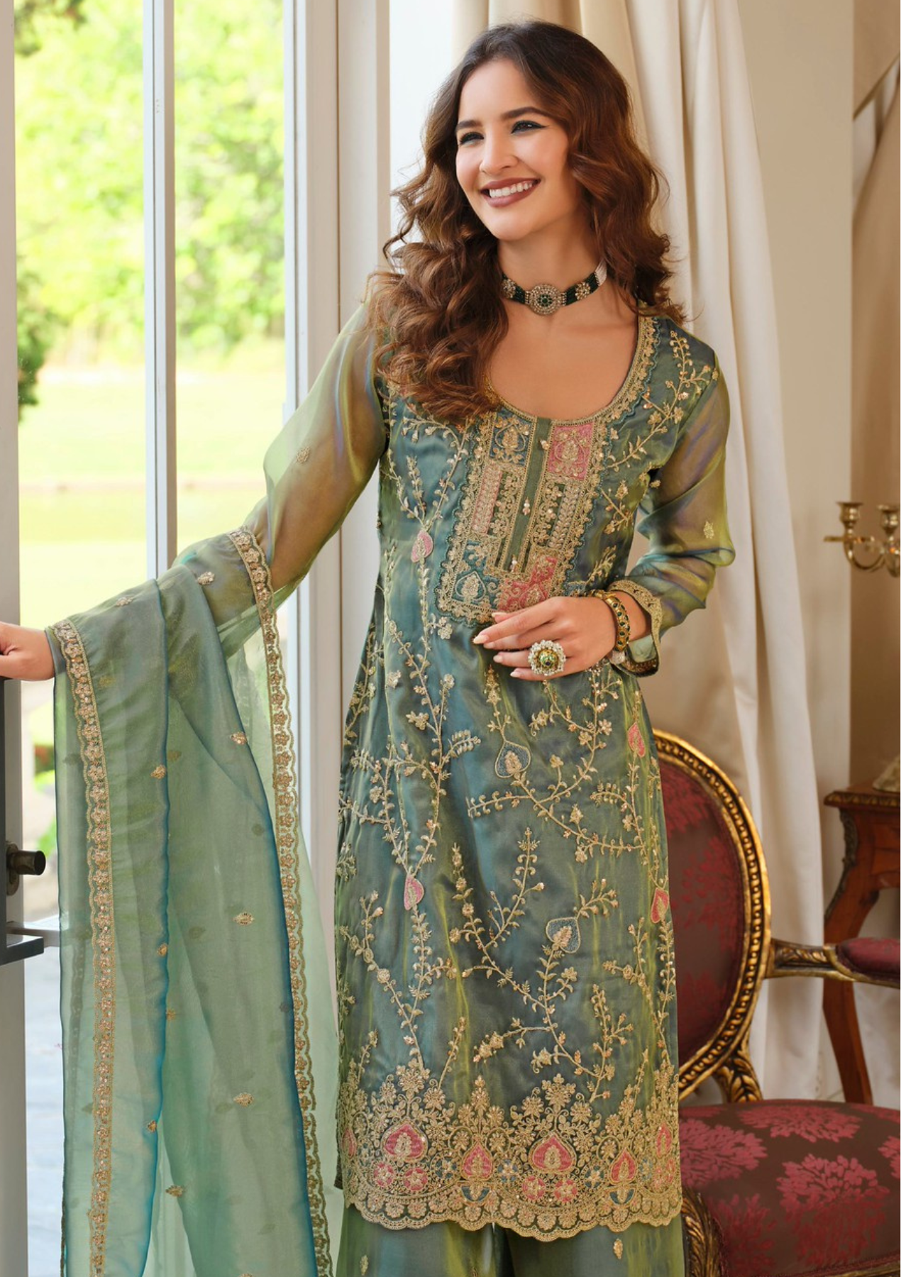 Elegant Simmer Rama Green Embroidered Salwar Suit with Palazzo & Dupatta – Sizes M to 3XL
