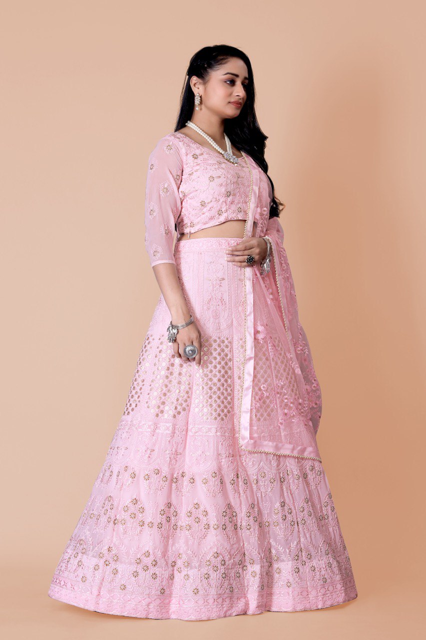 Georgette Lehenga Choli with Zari & Sequins Embroidery and Net Dupatta – Kotasilk