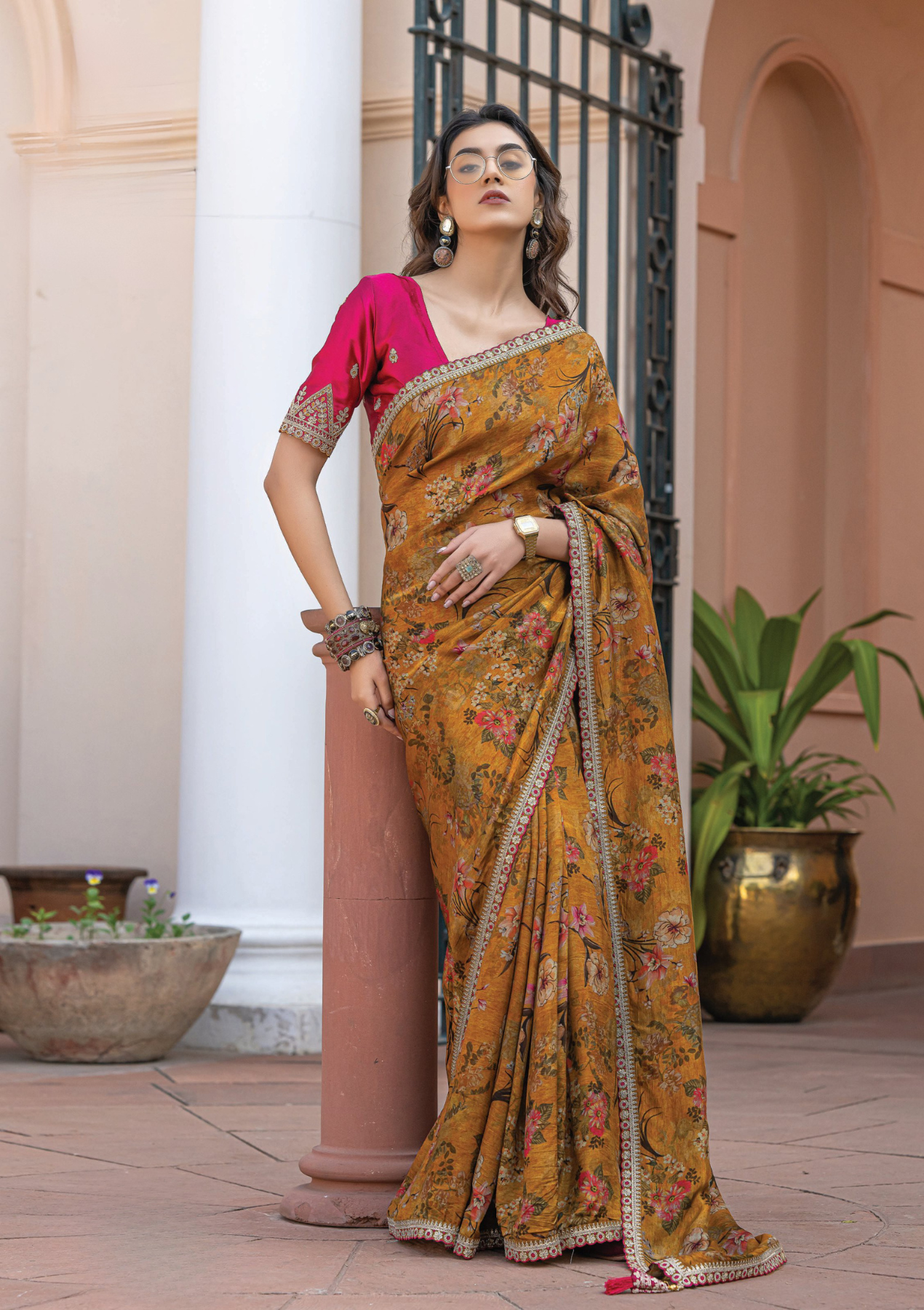 Pure Viscose Dola Silk Saree with Floral Print & Designer Embroidered Blouse – Party & Festive Wear