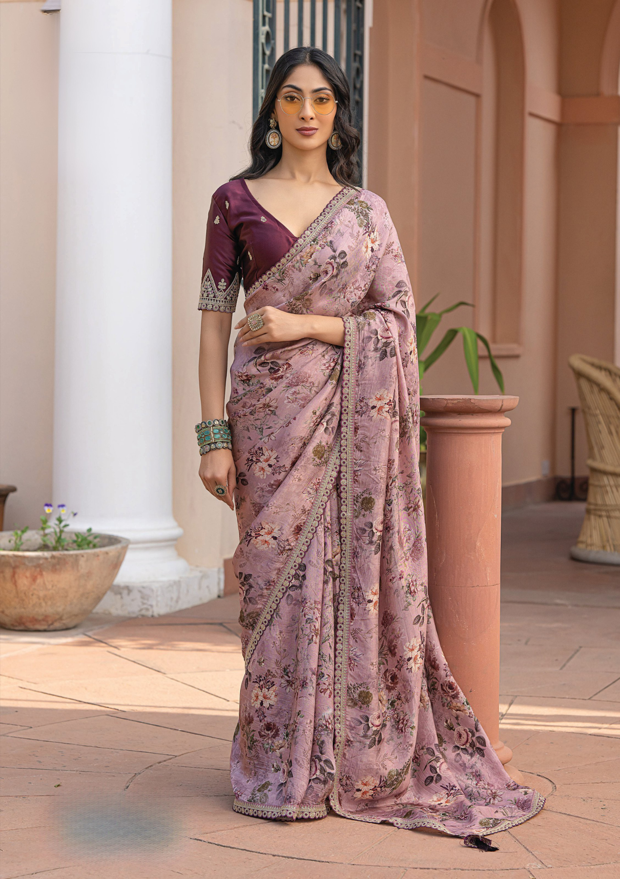 Pure Viscose Dola Silk Saree with Floral Print & Designer Embroidered Blouse – Party & Festive Wear