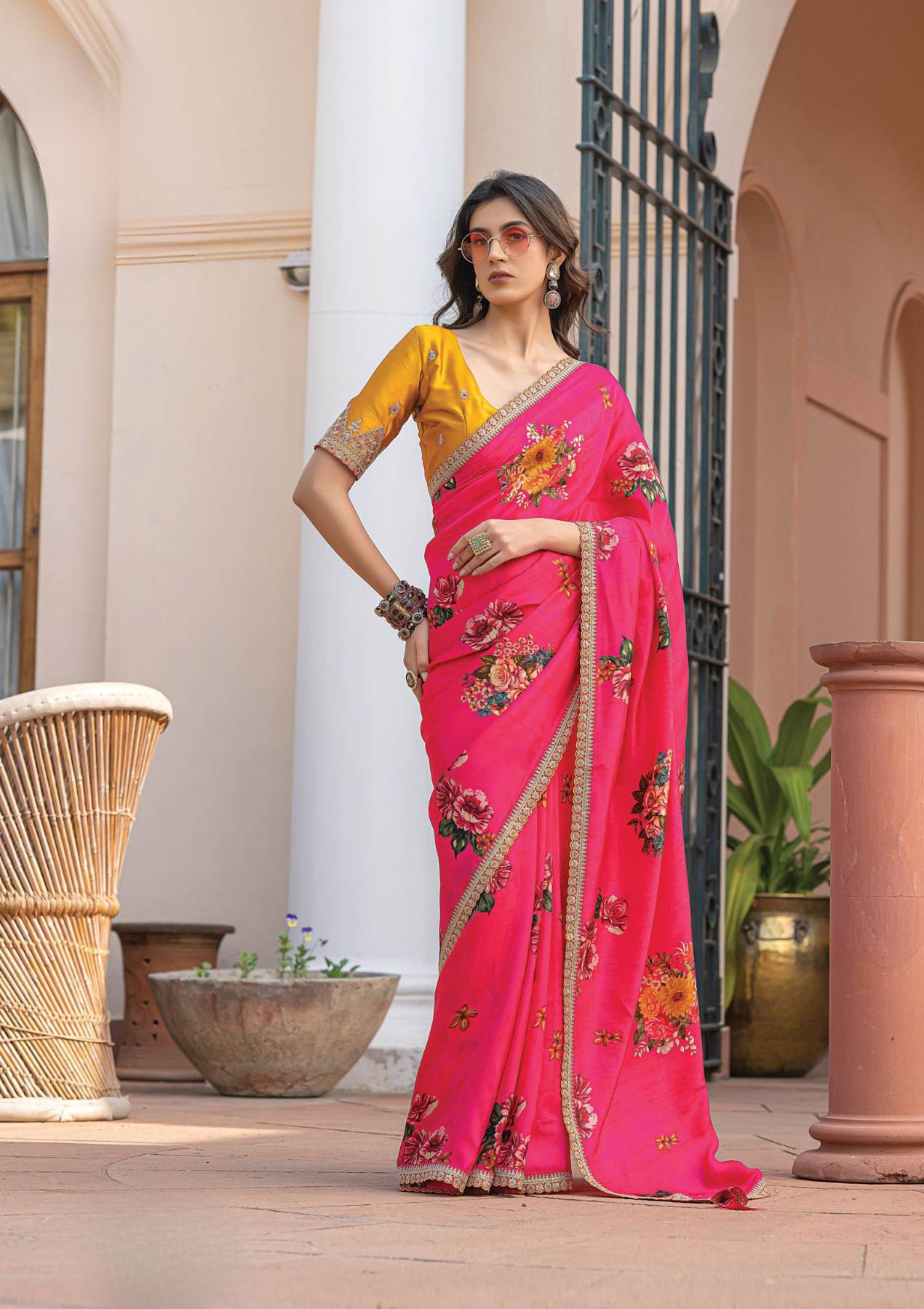 Pure Viscose Dola Silk Saree with Floral Print & Designer Embroidered Blouse – Party & Festive Wear