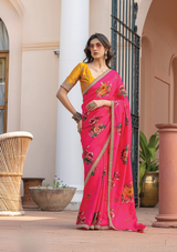 Pure Viscose Dola Silk Saree with Floral Print & Designer Embroidered Blouse – Party & Festive Wear