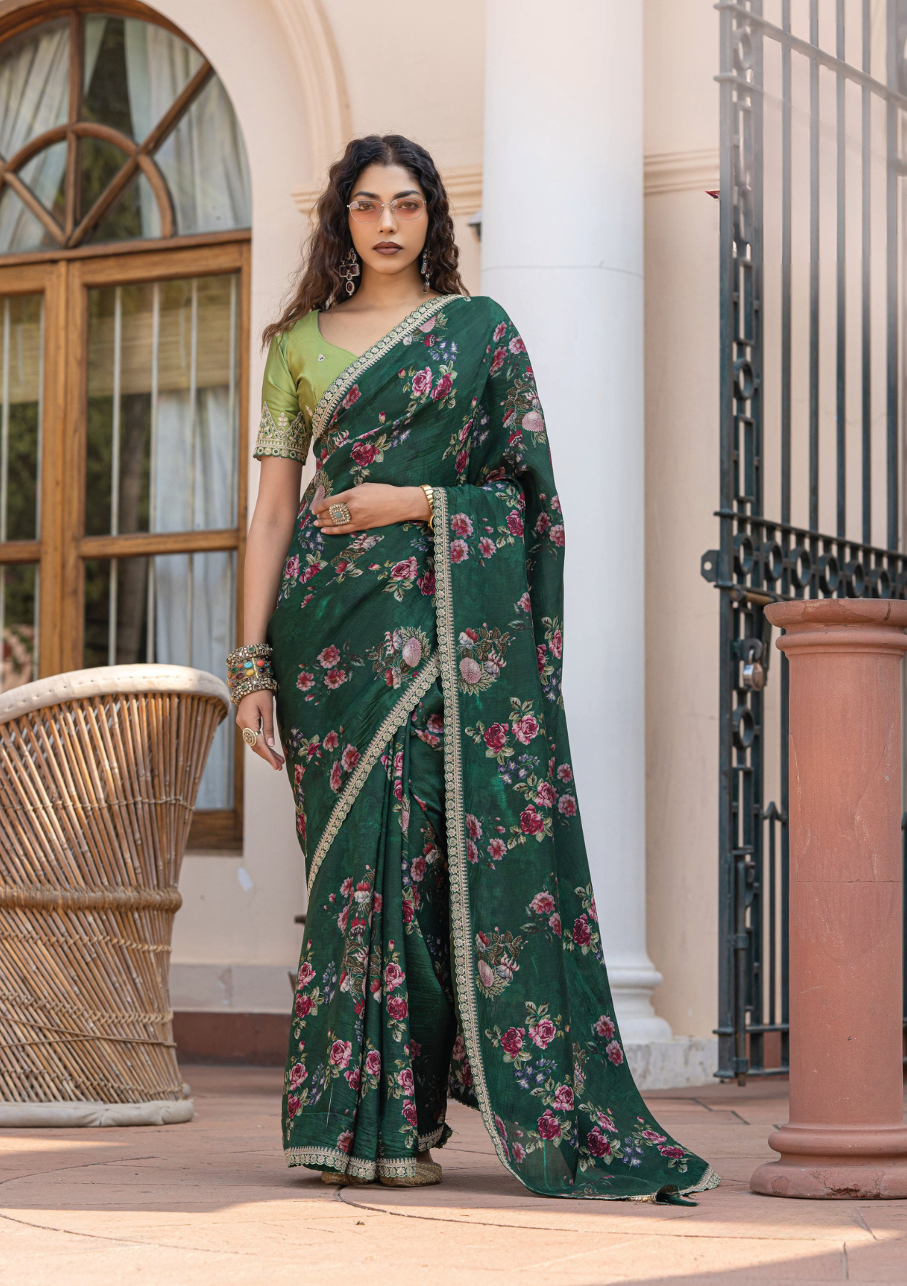 Pure Viscose Dola Silk Saree with Floral Print & Designer Embroidered Blouse – Party & Festive Wear
