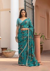 Pure Viscose Dola Silk Saree with Floral Print & Designer Embroidered Blouse – Party & Festive Wear