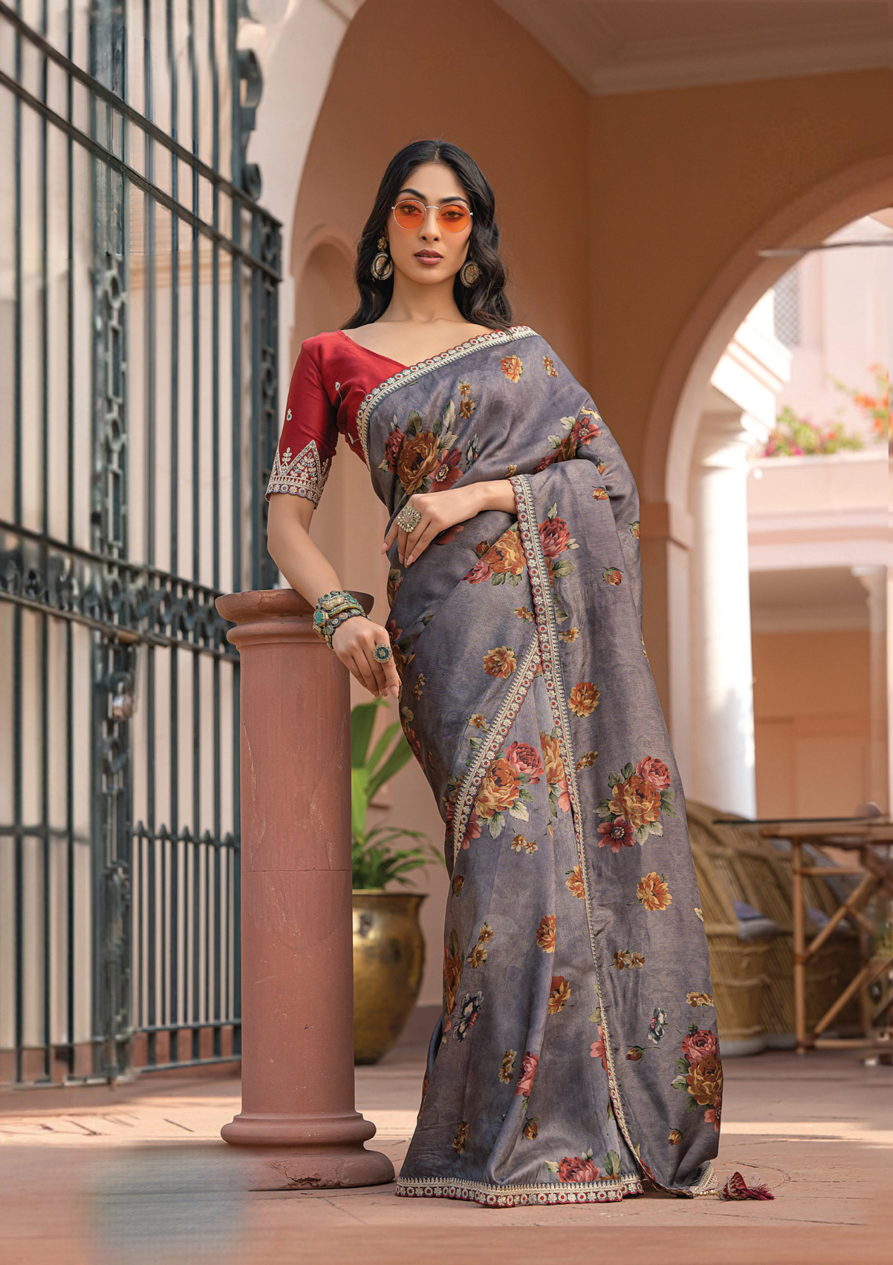 Pure Viscose Dola Silk Saree with Floral Print & Designer Embroidered Blouse – Party & Festive Wear
