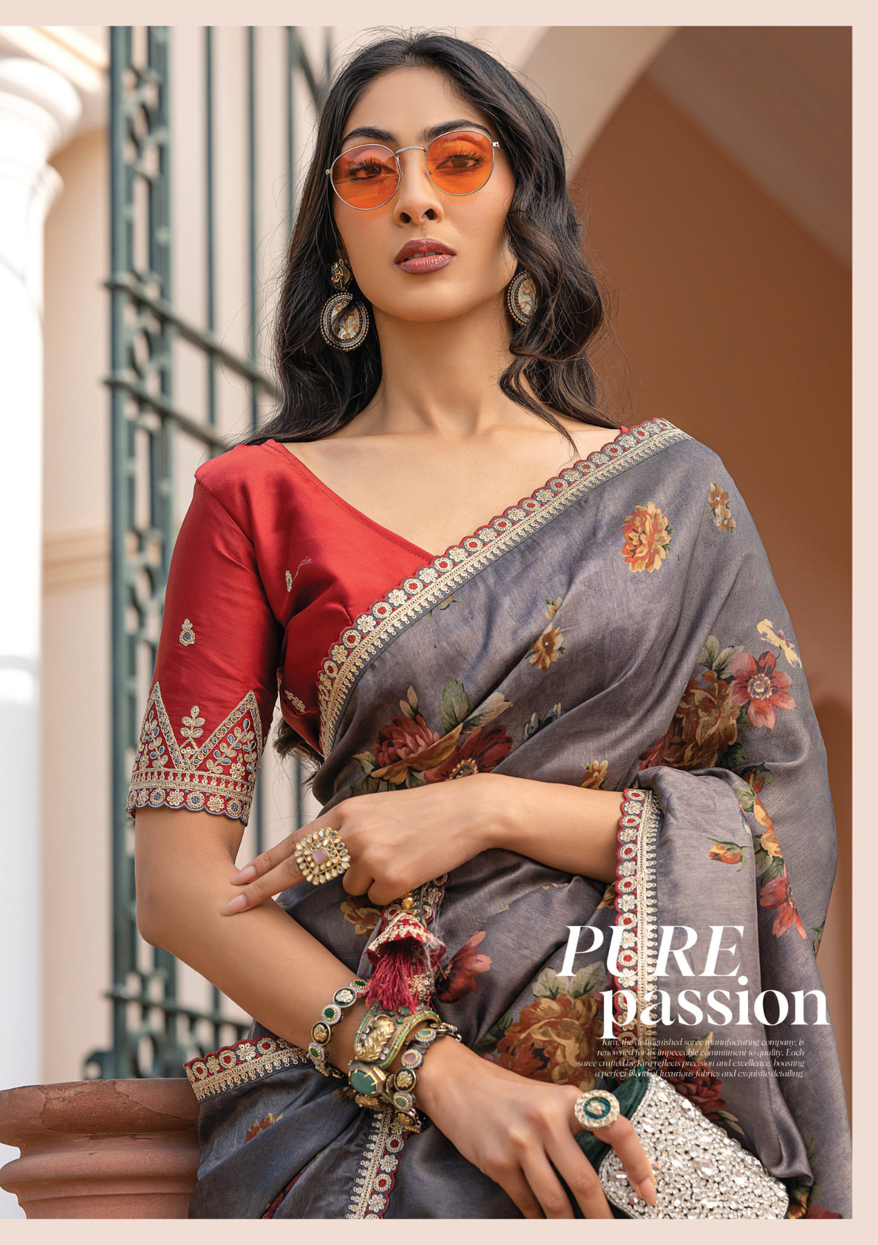Pure Viscose Dola Silk Saree with Floral Print & Designer Embroidered Blouse – Party & Festive Wear