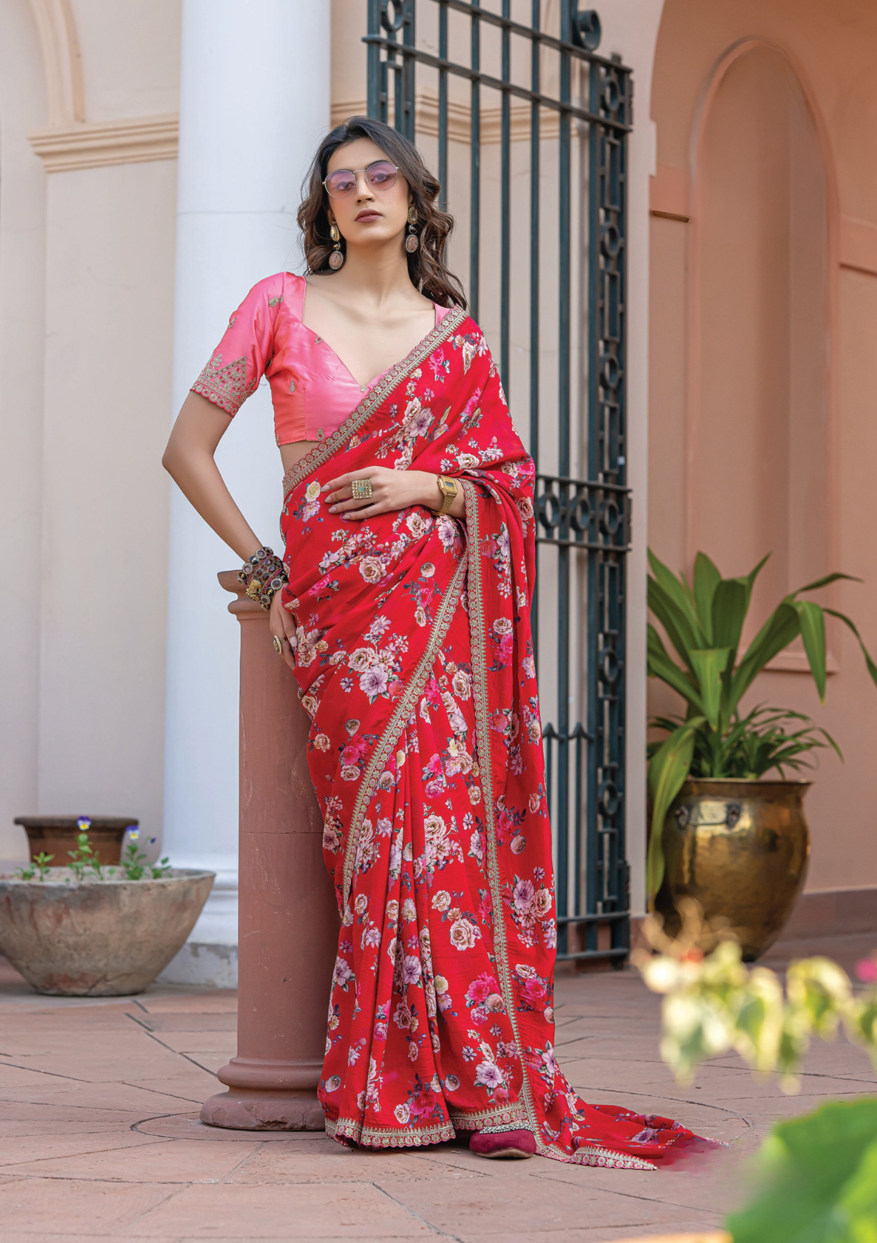 Pure Viscose Dola Silk Saree with Floral Print & Designer Embroidered Blouse – Party & Festive Wear