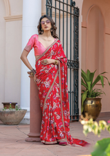 Pure Viscose Dola Silk Saree with Floral Print & Designer Embroidered Blouse – Party & Festive Wear
