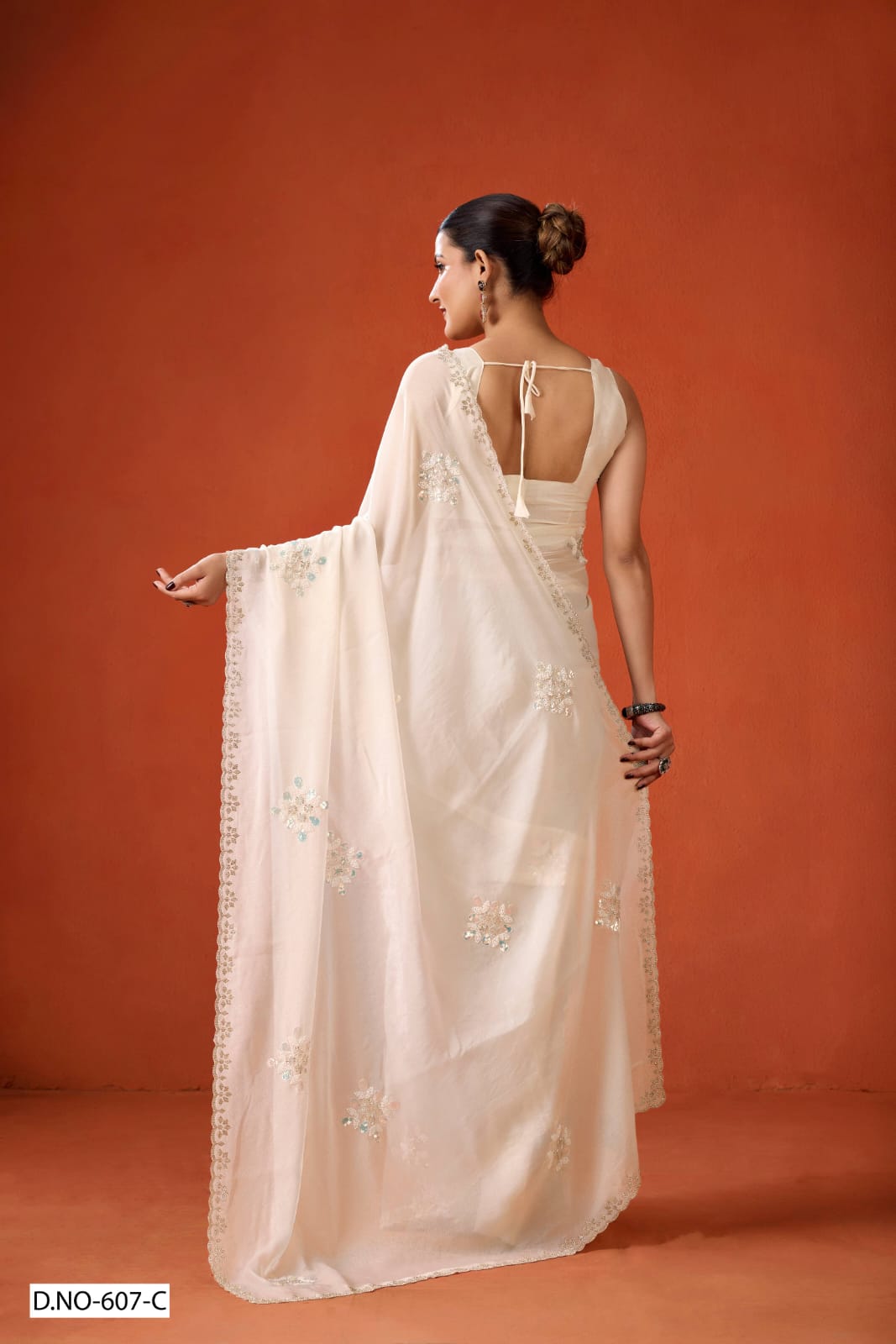 White color NC Moss Saree with Beads, Sequins & Jarkan Border Work -Kotasilk