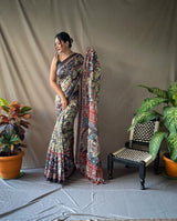 Pure Cotton Kalamkari Print Saree with Contrast Pallu & Tassels | Traditional Handcrafted Look
