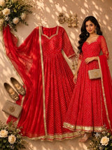 Bandhej Print Faux Georgette Gown Set with Dupatta & Bottom | Full Stitched Ethnic Gown for Festive & Party Wear