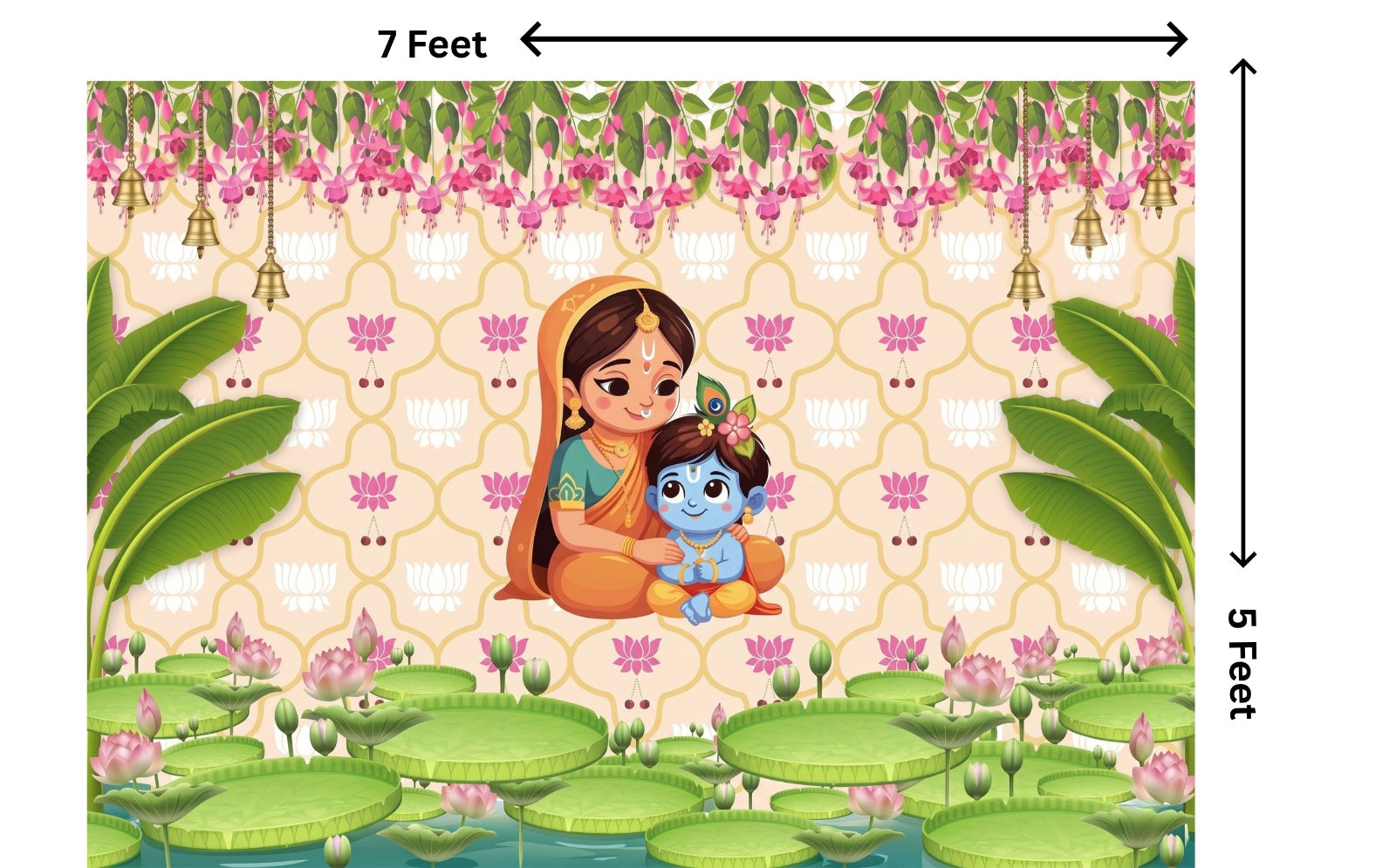 7 x 5 Feet Baby Krishna & Yashoda Backdrop – Traditional Indian Janmashtami Decoration Background with Lotus Pond, Banana Leaves, Flowers & Hanging Bells