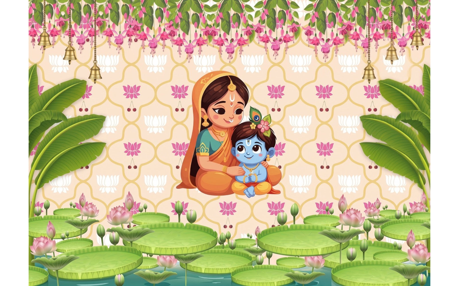 7 x 5 Feet Baby Krishna & Yashoda Backdrop – Traditional Indian Janmashtami Decoration Background with Lotus Pond, Banana Leaves, Flowers & Hanging Bells
