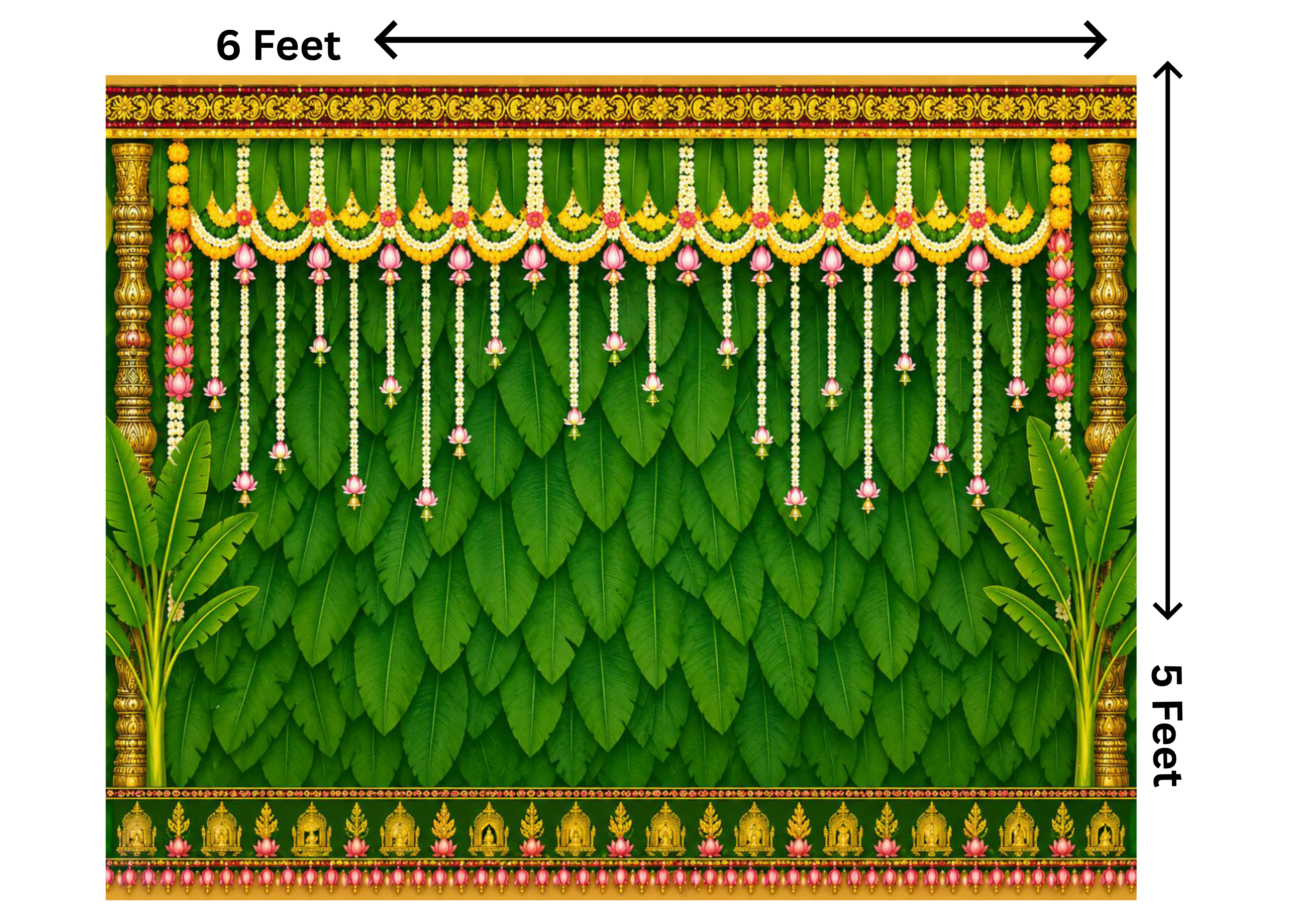 6 x 5 Feet Green Banana Leaf Backdrop with Floral Toran – Traditional Indian Wedding, Pooja & Festive Decoration Background with Lotus Garland Design