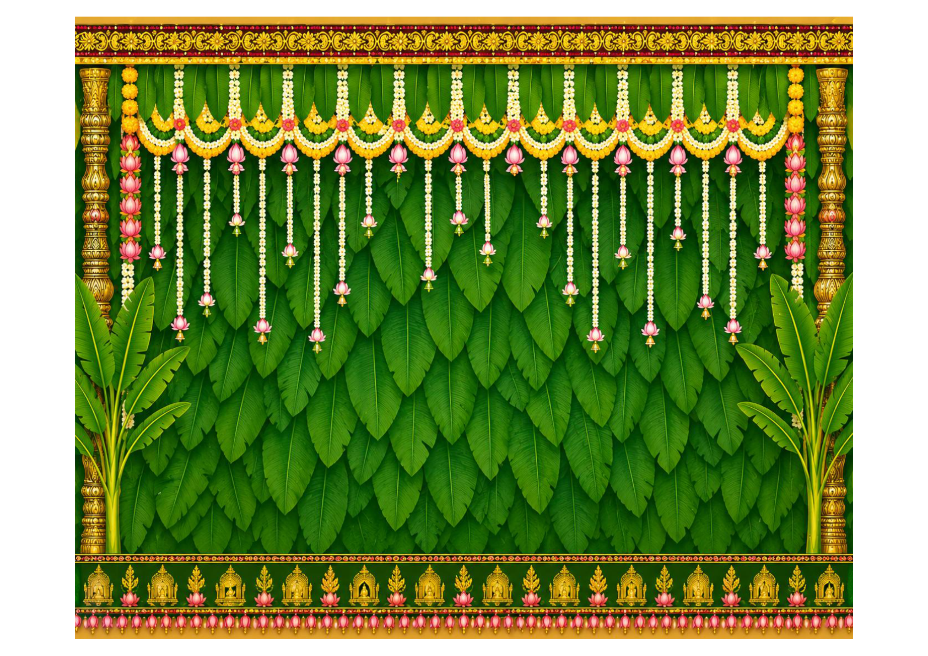 6 x 5 Feet Green Banana Leaf Backdrop with Floral Toran – Traditional Indian Wedding, Pooja & Festive Decoration Background with Lotus Garland Design