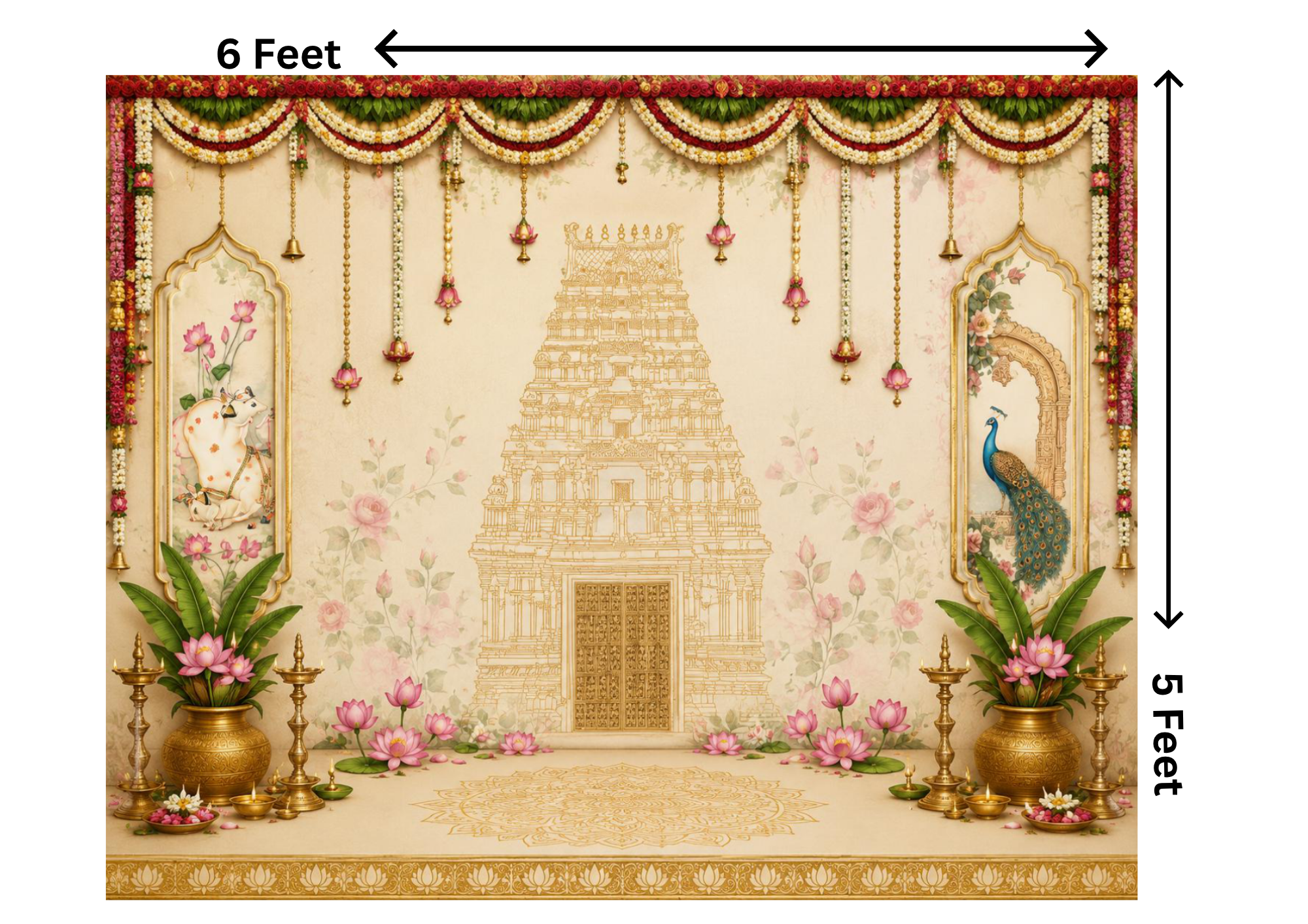 6 x 5 Feet Traditional Temple Mandir Backdrop – Beige Indian Pooja Background with Lotus Flowers, Peacock, Cow, Brass Diyas & Temple Sketch Design