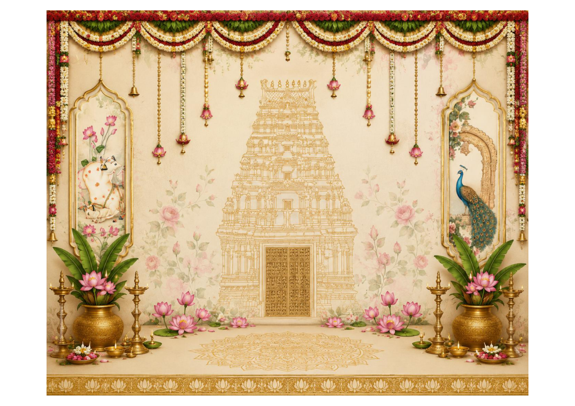 6 x 5 Feet Traditional Temple Mandir Backdrop – Beige Indian Pooja Background with Lotus Flowers, Peacock, Cow, Brass Diyas & Temple Sketch Design