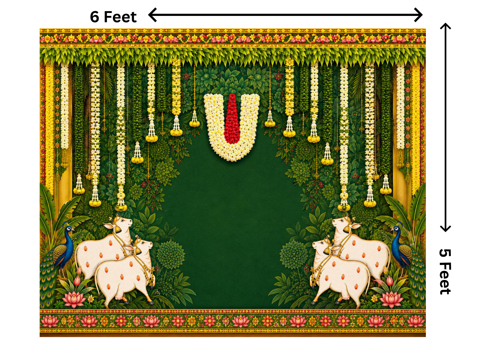 6 x 5 Feet Traditional Indian Cow & Peacock Backdrop – Sacred Cow, Tirupati Tilak, Green Floral Mandap Background with Jasmine Garlands & Lotus Decor