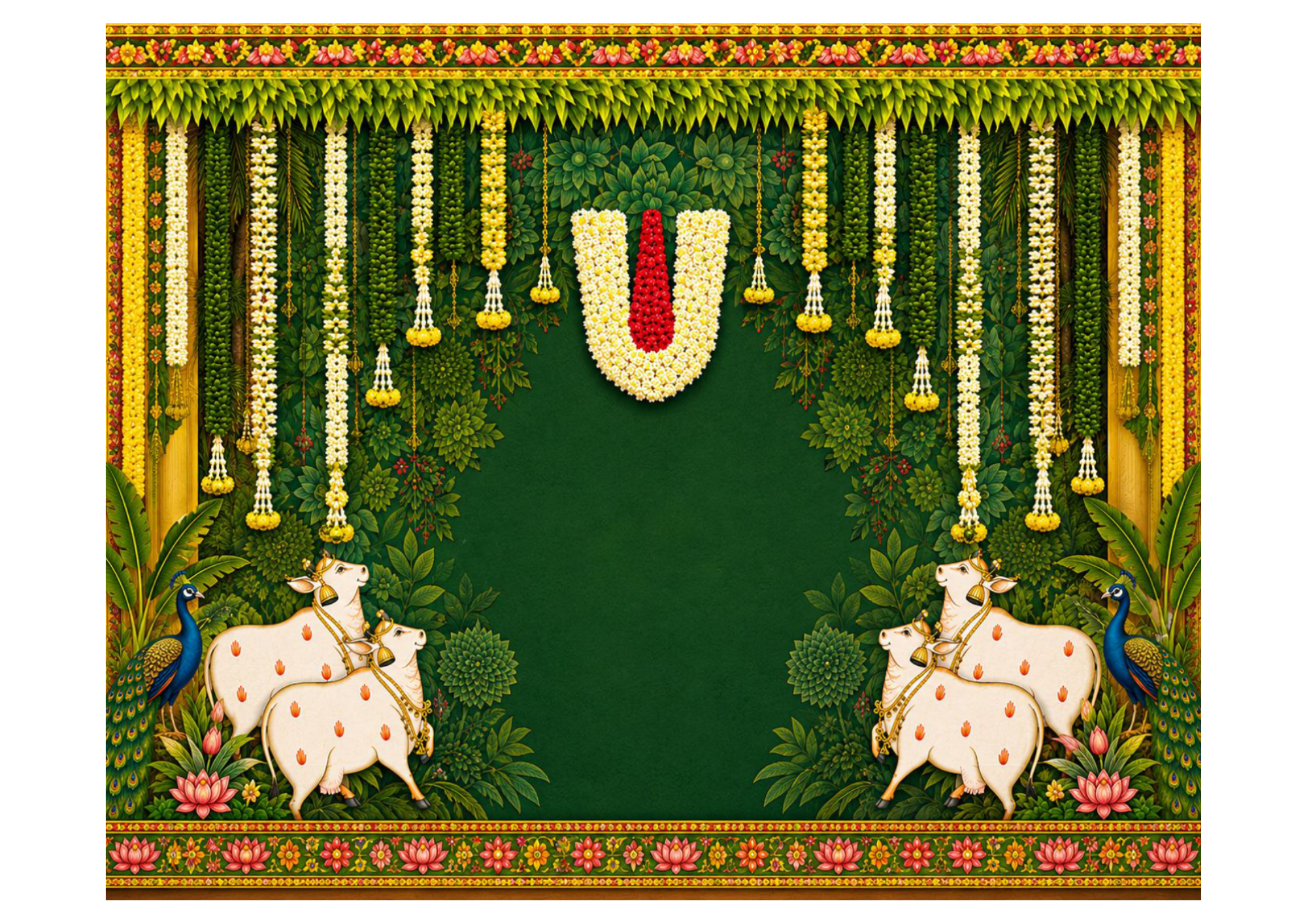 6 x 5 Feet Traditional Indian Cow & Peacock Backdrop – Sacred Cow, Tirupati Tilak, Green Floral Mandap Background with Jasmine Garlands & Lotus Decor