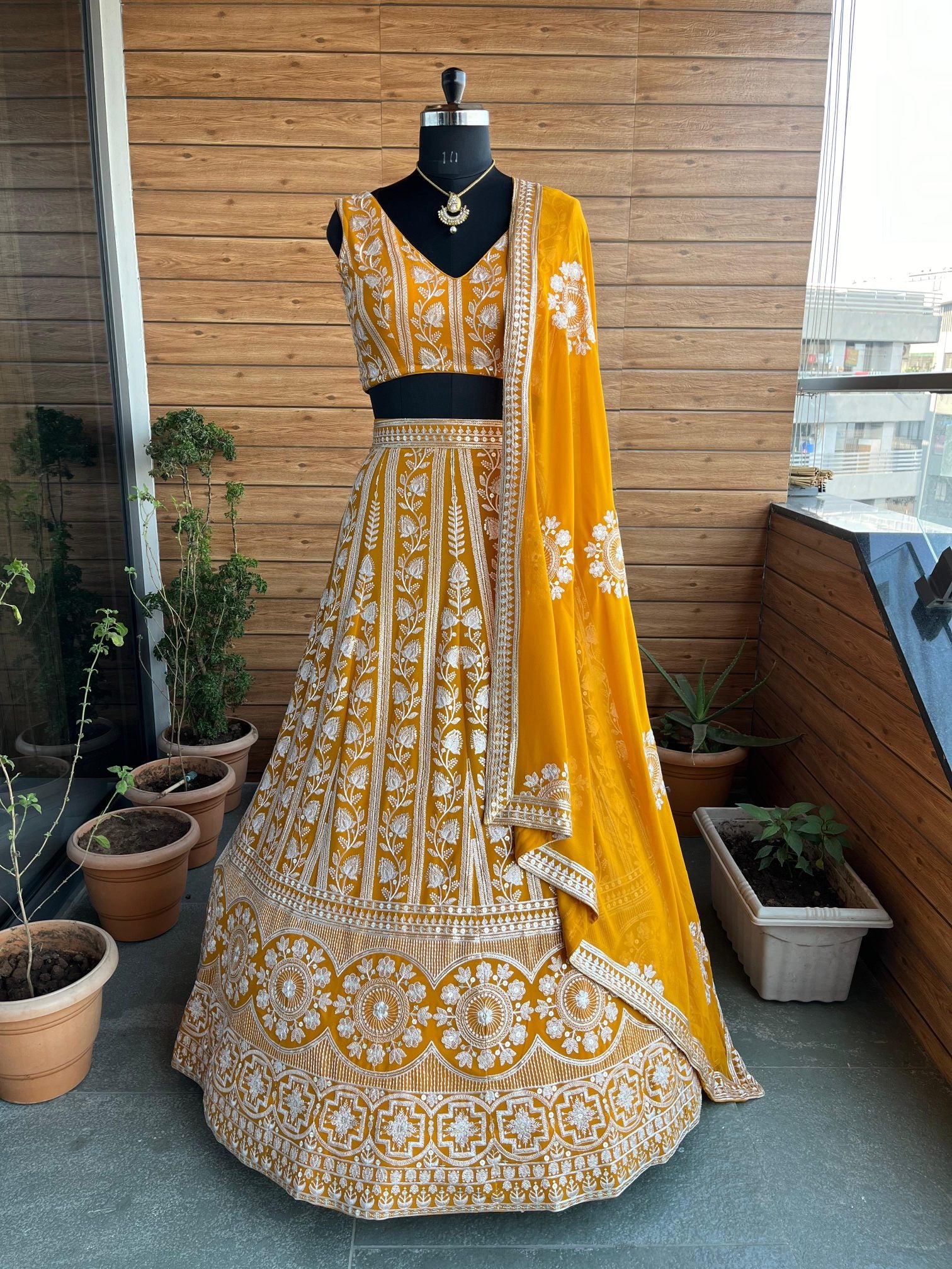 Yellow Sequin Thread Work Designer Wedding Lehenga Choli Set | Faux Georgette with Mirror & Sequence Embroidery