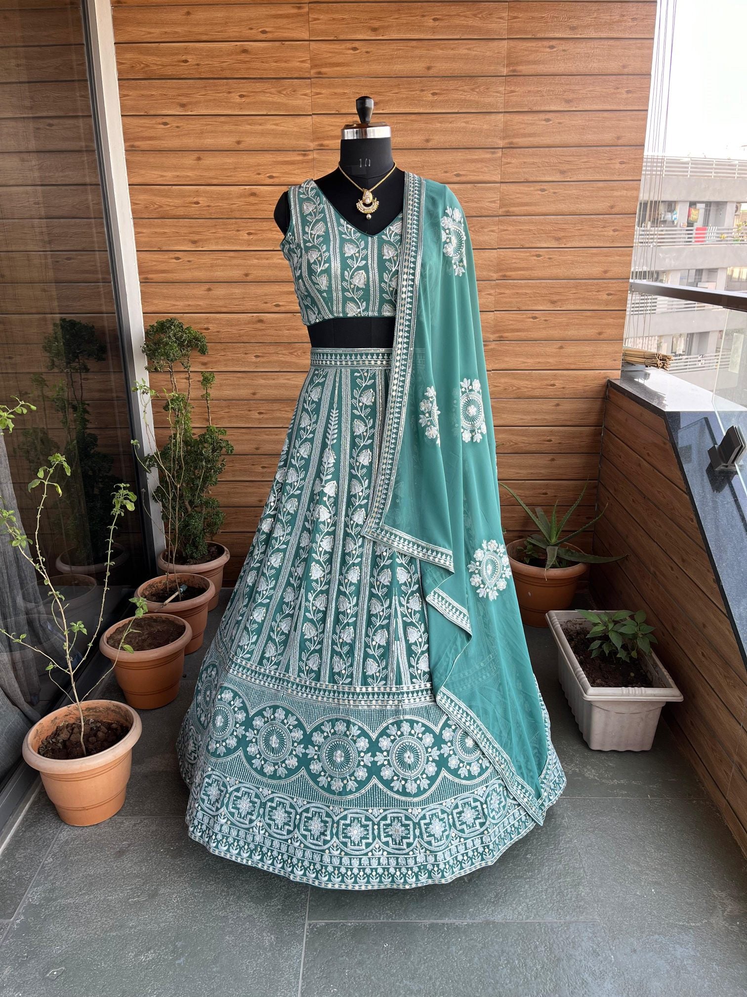 Green Sequin Thread Work Designer Wedding Lehenga Choli Set | Faux Georgette with Mirror & Sequence Embroidery